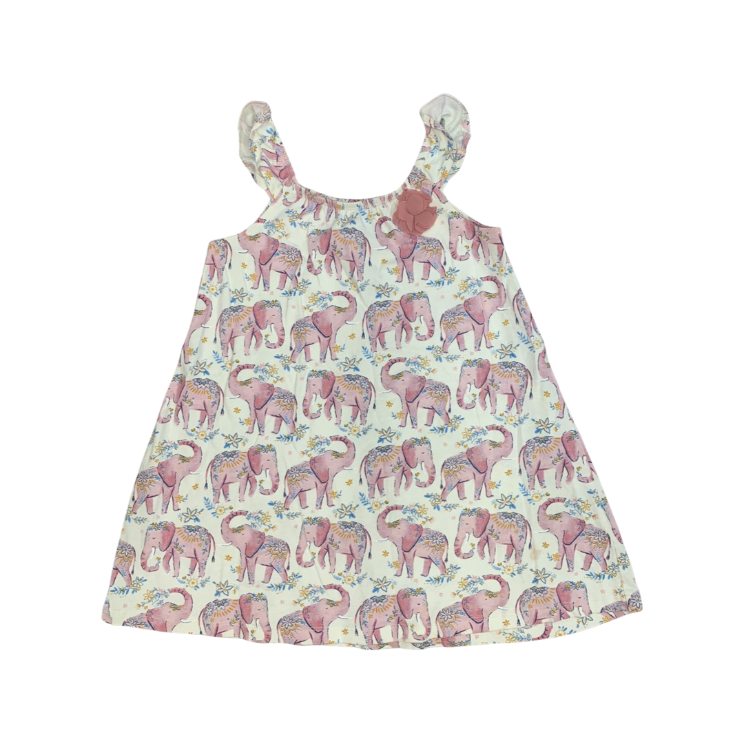 Tu Cream Dress With Pink Elephants And Flower Detailing 2-3 Years